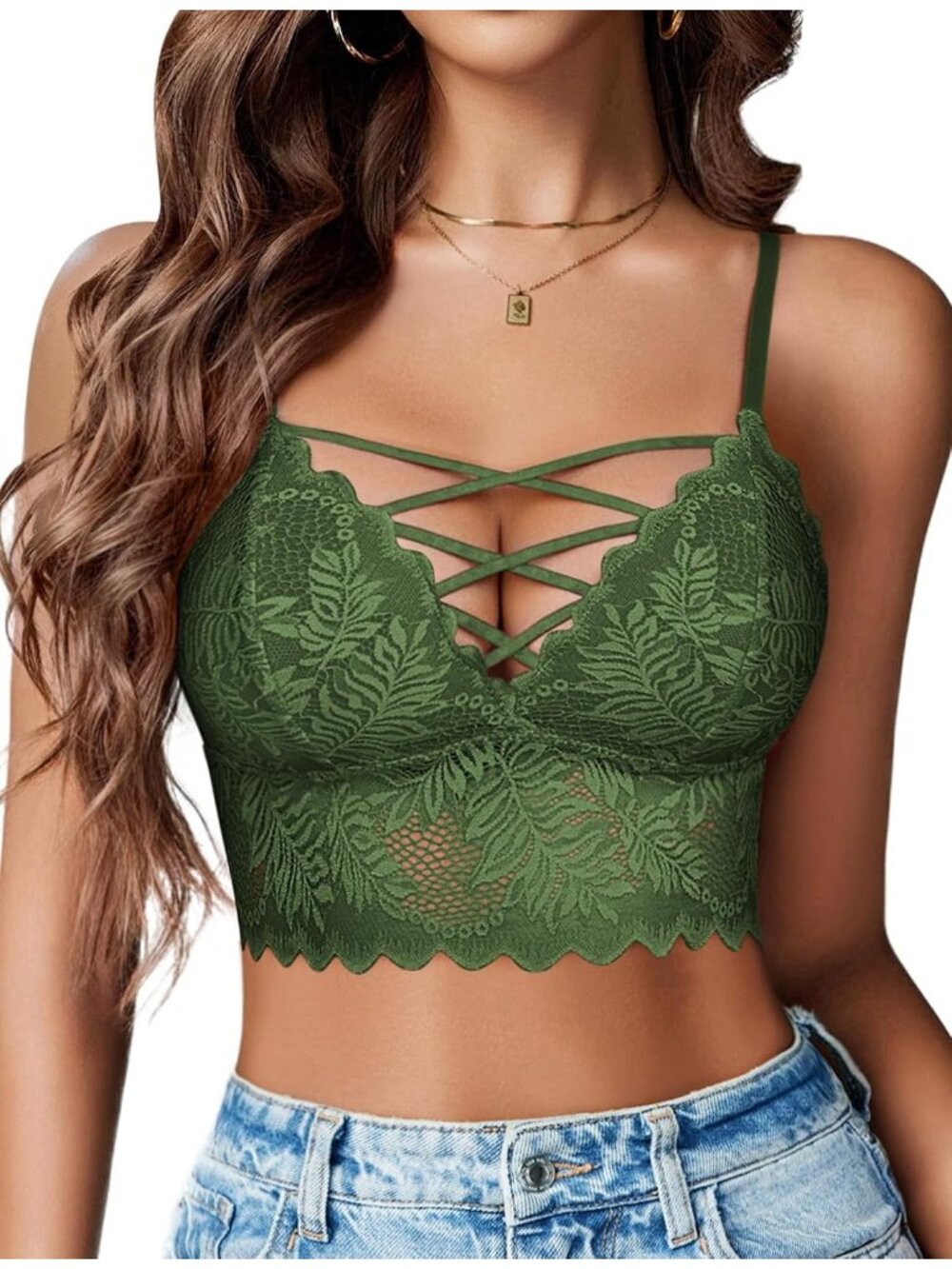 Women's Green V Neck Lace Camisole Strappy Cami Unpadded Bra Lingerie Tank Top